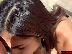 hot 19yo slut SUCKS cock backyard then tits cum blast!