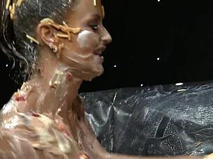 nasty food-covered lesbians finger shaved cunts while making out