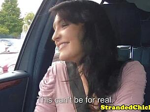 Hitchhiking Brunette Flashes Tits for Outdoor Pickup POV Voyeur