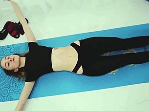 skinny brunette fucks hard after yoga with creampie in tight pussy