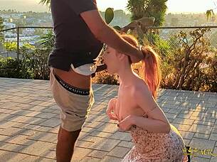 redhead snowbunny outdoor public deepthroat on patio