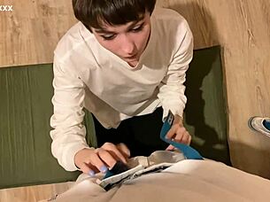 Kneel down pretty skinny brunette, suck balls and take facial