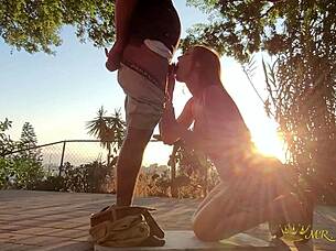 redhead snowbunny outdoor public deepthroat on patio