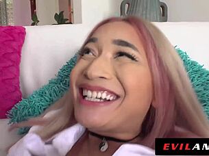 asian cutie rides cock in torn leggings cowgirl style