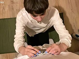 Kneel down pretty skinny brunette, suck balls and take facial