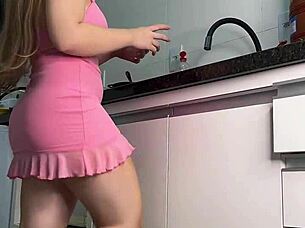 pink mini skirt lifts for sneaky upskirt tease.