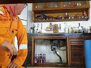 cheating housewife plumber bangs cuckold hubby in kitchen scene 1