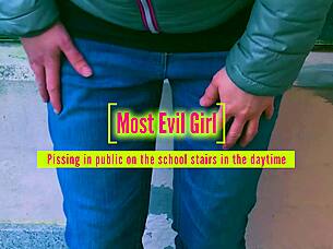 Public school stairs daytime pissing squirt adventure