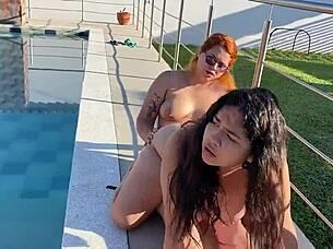 ugh pool lesbian dildo drives her wild!