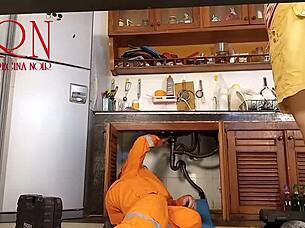 cheating housewife plumber bangs cuckold hubby in kitchen scene 1