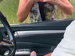 Stranger jerks massive cock on street as wife nears shop cumshot