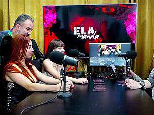 binho licks ninfeta's pink pussy on podcast table while ruan watches