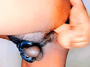 standing fuck in chastity cage has her cumming nonstop