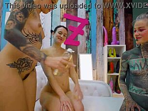oily metal lesbians toy-fuck in slippery threesome bliss