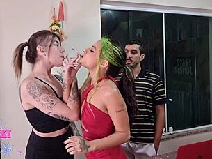 Two horny sluts drool over repairman's huge throbbing dick together!