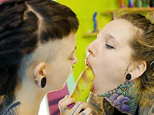 tattooed babe pounds shy pussy with orange strap-on 😈🍆