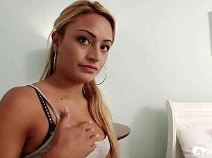 babe strips clothes and sucks cock eagerly