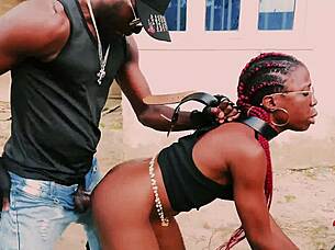 petite biker babe stands for public garage sex on bike with her man