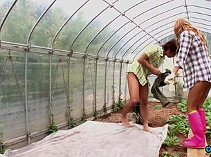 friend helps her cum hard riding in greenhouse!