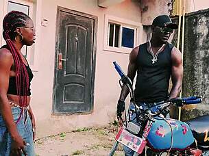 petite biker babe stands for public garage sex on bike with her man