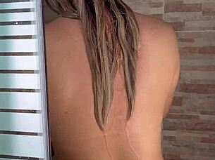 voyeur watches busty friend's huge natural tits shower
