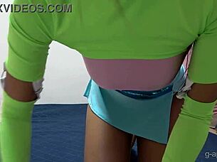 Big Tits Tanned Japanese Maid Cleans in Micro Thong Skirt