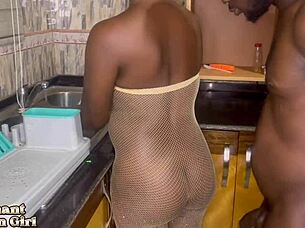 Ebony Pregnant Beauty Bent Over Kitchen Counter for Creampie Cumshot