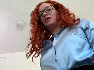 redhead gives cfnm femdom gloved handjob medical exam