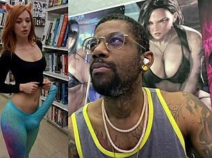 cute petite trans cosplayer cums hard with huge cock in bookstore!