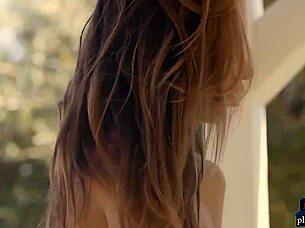 European Blonde Model Strips Perky Fake Tits Tease