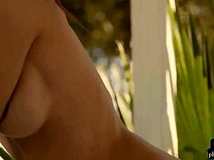 European Blonde Model Strips Perky Fake Tits Tease