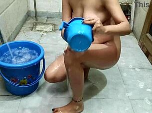 Indian babe caught bathing, bro fingers tight pussy then fucks hard