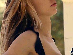 European Blonde Model Strips Perky Fake Tits Tease