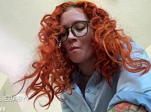 redhead gives cfnm femdom gloved handjob medical exam