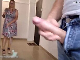 i risk flashing my throbbing cock to hot cleaner milf outdoors!