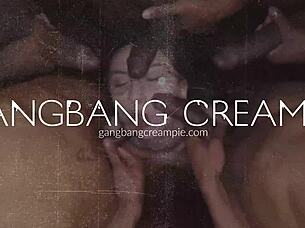 blonde babe's pussy overflows cum in hardcore gangbang creampie