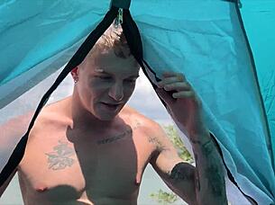cuckold wife handles three cocks in tent with strangers