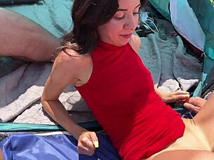 cuckold wife handles three cocks in tent with strangers