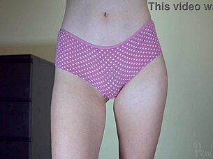 sexy schoolgirl model tries cotton panties over hairy pussy lips