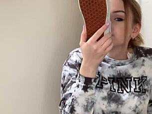 Serbian girl slips off sneakers revealing bare feet