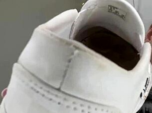 Serbian girl slips off sneakers revealing bare feet