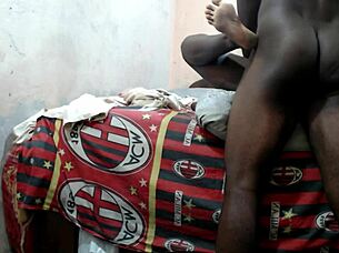 Skinny African babe fingers hairy pussy teasing before rough monster cock penetration
