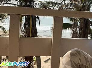 Slut spreads big pussy wide open for licking at beach house 1on1