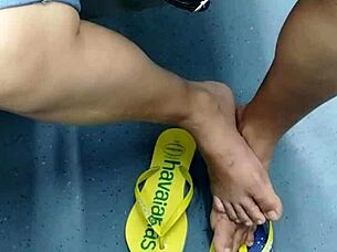 candid brazilian mature in flip flops shoeplay voyeur