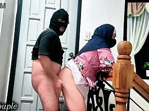 Pretty hijab wife tied punishing cheating slut at staircase