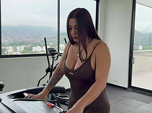 Latina milf's perfect pussy grips trainer's big dick as huge tits bounce wildly during intense ride
