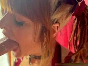 Cute cosplayer gags drooling on thick monster cock deepthroat