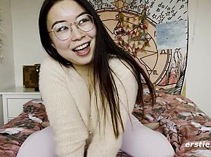 ersties cute chinese babe glasses super happy masturbatin shaved pussy vibrator clit spread
