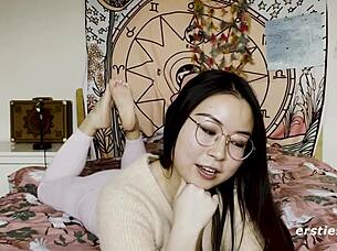 ersties cute chinese babe glasses super happy masturbatin shaved pussy vibrator clit spread