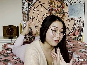 ersties cute chinese babe glasses super happy masturbatin shaved pussy vibrator clit spread